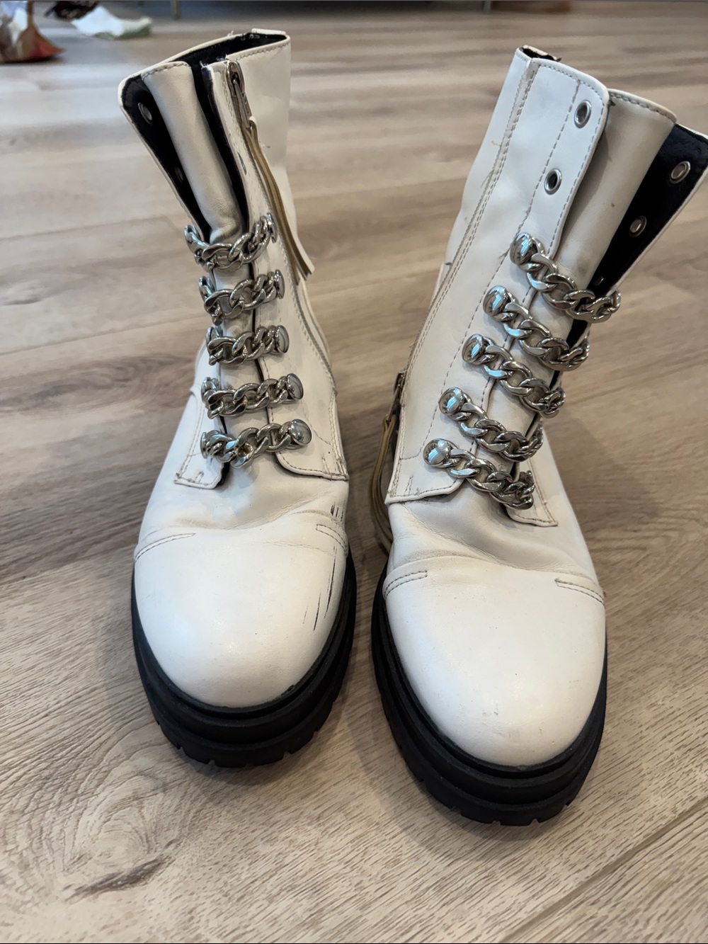 Sam Edelman White Combat Boots with Silver Chain Lacing